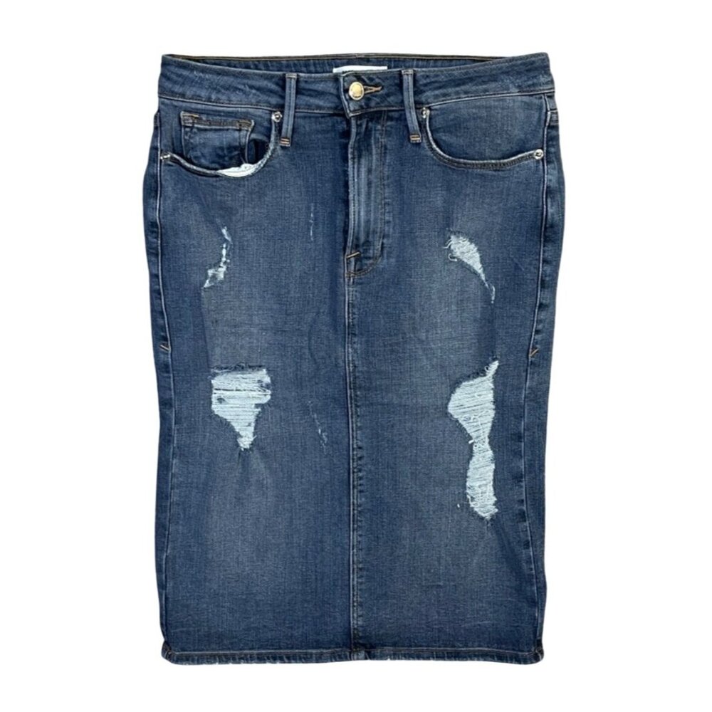 Good American Denim Pencil Skirt Distressed Med Wash Stretch Size 8 High Waisted